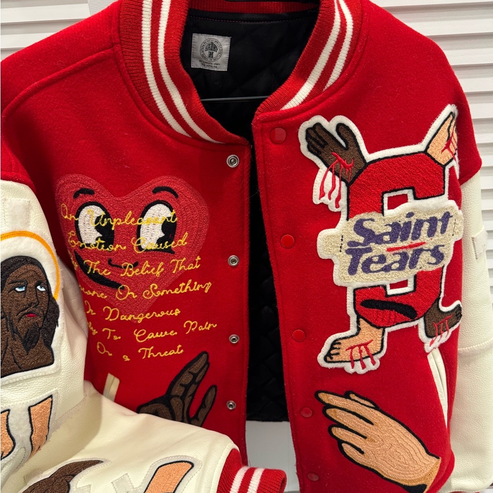 Red and White Varsity Jacket with Cartoon Embroidery